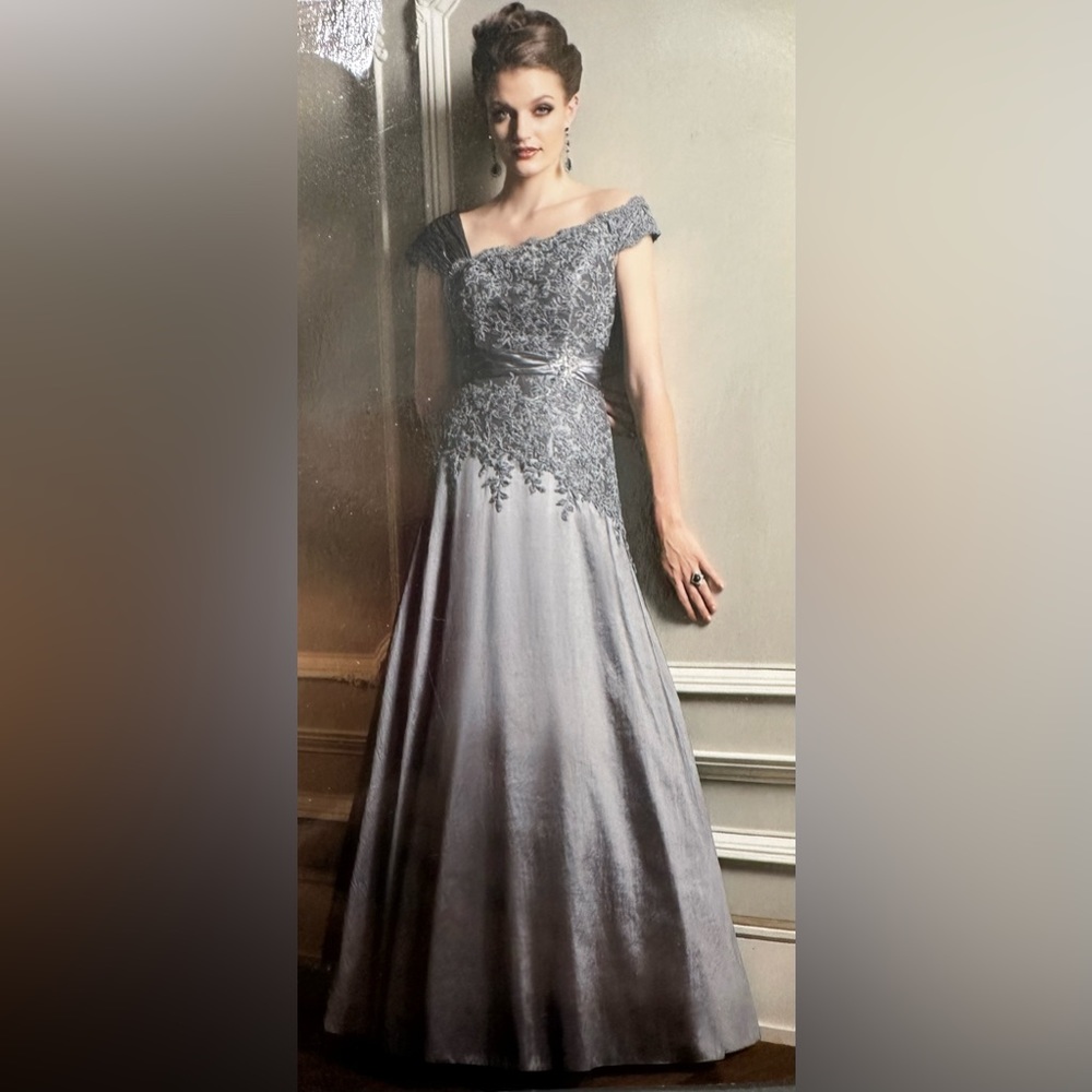 Jade Couture asymmetrical platinum taffeta and lace long gown. Worn once. Size 8